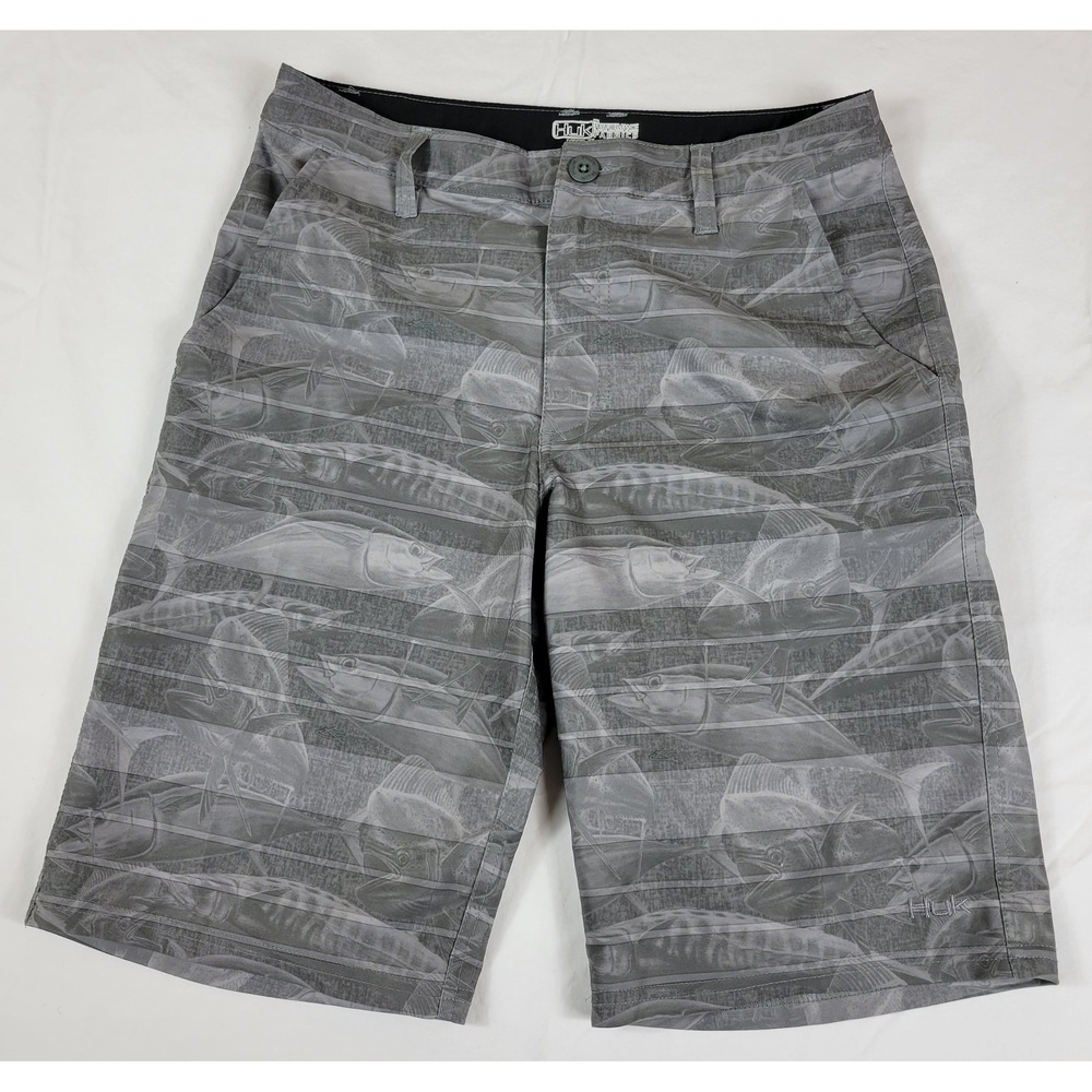 Huk Performance Fishing Hybrid Shorts Men's Size 30 Gray Fish Print Quick Dry